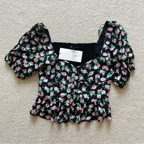Zara Floral Bustier Style Smocked Back Crop Top - Picture 3 of 12